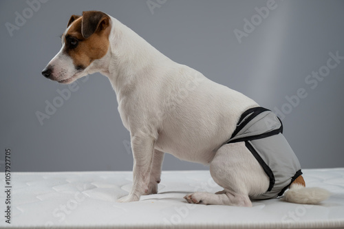 Jack Russell Terrier dog sits on bed in reusable diapers.  photo