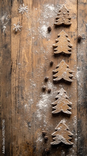 Gingerbread Christmas trees arranged on a wooden table with flour and pinecon...