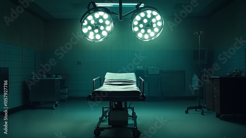 An empty pathology lab under moody lighting. A metal examination bed is centered in the middle of the room with two large medical lights above it.