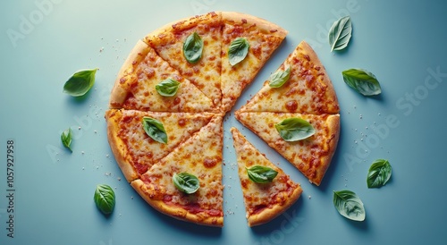 Freshly baked cheese pizza with basil leaves served on a light blue background