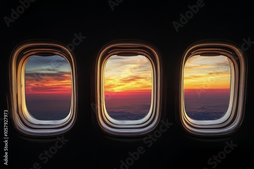 Sunset view from airplane windows during evening flight above clouds