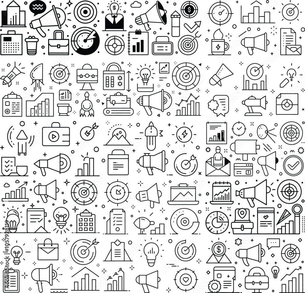 Comprehensive Business and Marketing Icon Set – Line Art Style with Analytics, Strategy, and Communication Symbols Comprehensive Business and Marketing Icon Set – Line Art Style with Analytics, Strategy, and Communication Symbols