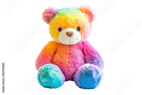 A vibrant rainbow-colored teddy bear crafted from plush material, sitting with a playful expression, showcasing its vivid hues and friendly demeanor for joyful moments. photo