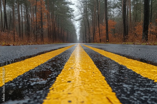 A winding road through a forest in autumn with rain puddles reflecting yellow...