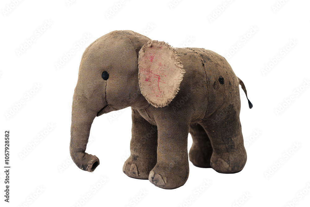 Obraz premium An antique stuffed elephant features tattered fabric with faded colors, exuding a historic charm and nostalgic essence, set in a classic pose to capture enduring appeal.