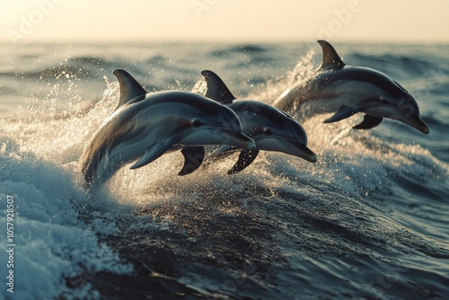 Dolphins gracefully leaping over waves at sunset near a tranquil coastline in...
