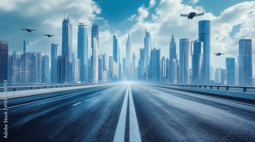 Fototapeta premium Futuristic Metropolis: Soaring Skyscrapers and Flying Drones in the Sky