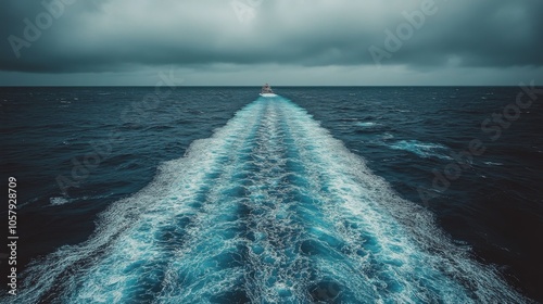 A breathtaking sunset over the ocean with boat wake trailing behind in vibran...