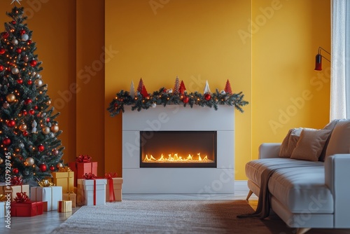 A cozy living room decorated for Christmas with a fireplace and a beautifully...