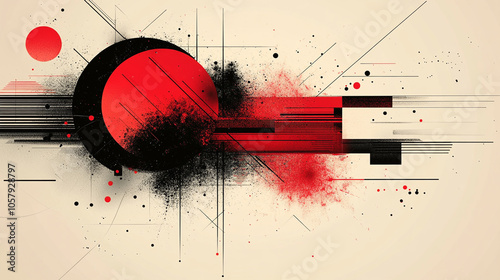 Modern abstract artwork featuring geometric shapes in red, black, and white, creating a bold and minimalist composition. Ideal for contemporary design themes.
