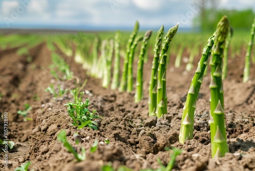 Asparagus plants thriving in rich soil under a bright sky in a rural field