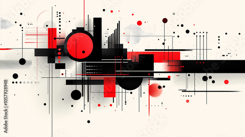 Modern abstract artwork featuring geometric shapes in red, black, and white, creating a bold and minimalist composition. Ideal for contemporary design themes.
