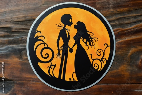 A silhouette of two characters in love under a large yellow moon at dusk