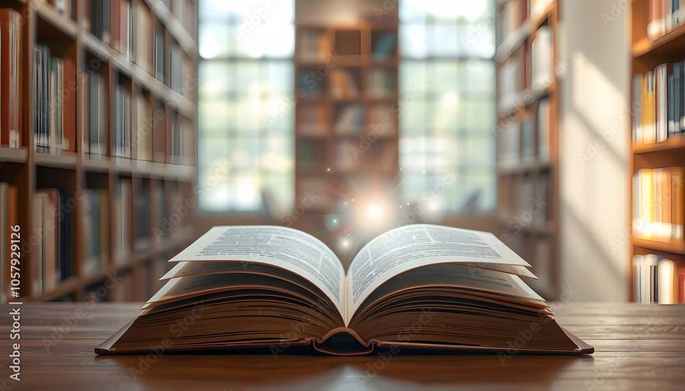 Open Book with abstract magic bright light on wooden table and blurred bookshelf in the library isolated with white highlights, png Open Book with abstract magic bright light on wooden table and blurred bookshelf in the library isolated with white highlights, png