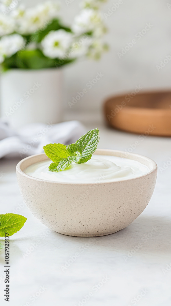 Enjoying a bowl of fresh Greek yogurt garnished with mint leaves, perfect for breakfast or a healthy snack in a bright kitchen setting Enjoying a bowl of fresh Greek yogurt garnished with mint leaves, perfect for breakfast or a healthy snack in a bright kitchen setting