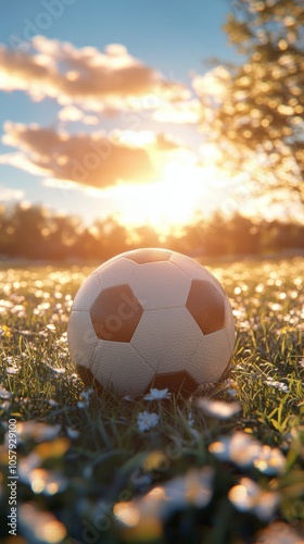 A soccer ball rests on green grass under a sunset sky in a peaceful park setting