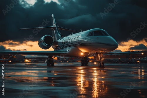 Private jet on a runway at night with reflective wet surfaces and bright airp...
