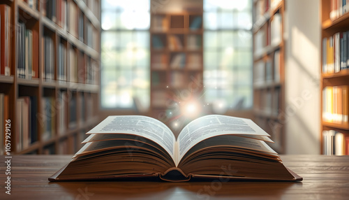 Open Book with abstract magic bright light on wooden table and blurred bookshelf in the library isolated with white highlights, png