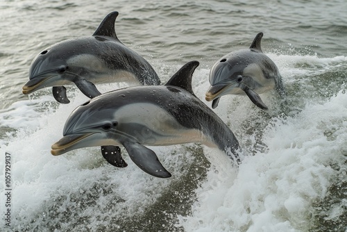 Dolphins gracefully leaping over waves at sunset near a tranquil coastline in...