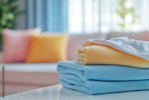 Soft blue towels neatly stacked on a table in a bright and cozy living room s...