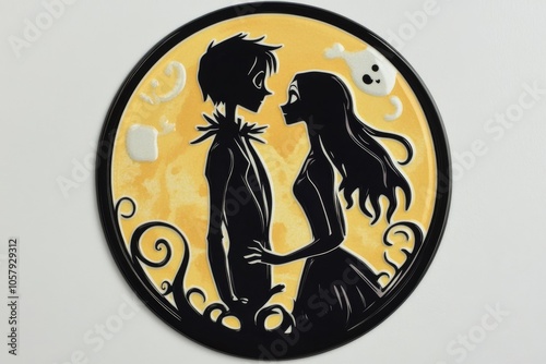 A silhouette of two characters in love under a large yellow moon at dusk
