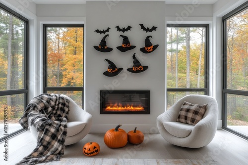 Cozy autumn living room featuring Halloween decorations and a modern fireplace