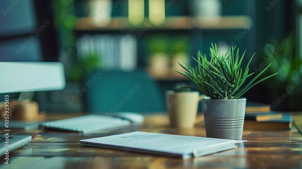 Modern office desk with plant, books, and documents