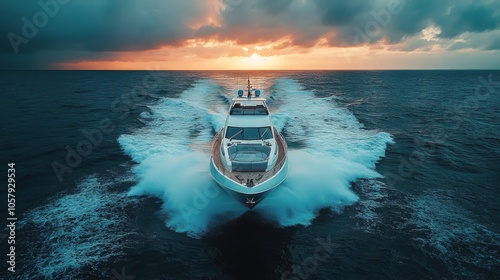 A breathtaking sunset over the ocean with boat wake trailing behind in vibran...