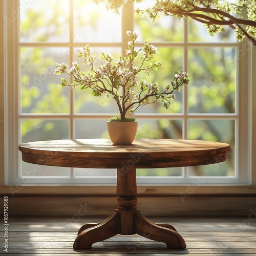 Sunlight streaming through a window with blossoming trees in the background d...