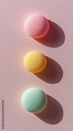 Soft pastel makeup sponges arranged vertically on a pink surface during brigh...