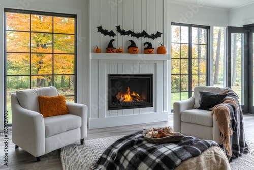 Cozy autumn living room featuring Halloween decorations and a modern fireplace