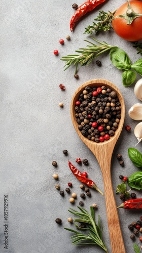 An arrangement of spices and herbs on a dark surface with fresh ingredients a...