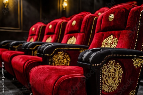 Luxurious velvet cinema chairs in an elegant theater designed for a comfortab...