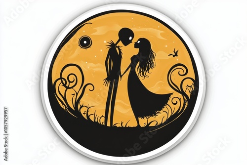 A silhouette of two characters in love under a large yellow moon at dusk