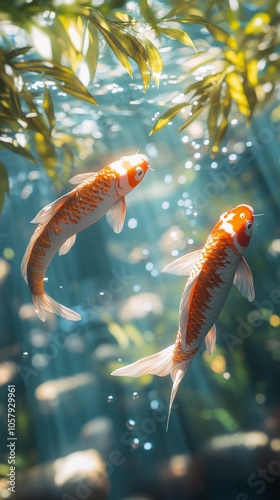 Two koi fish swimming gracefully in a serene pond surrounded by lush greenery...