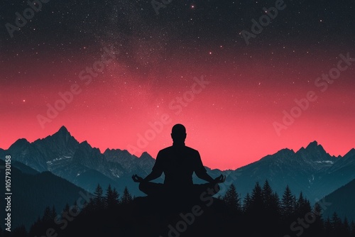 A silhouette of a man meditating in front of a starry night sky and mountain range.