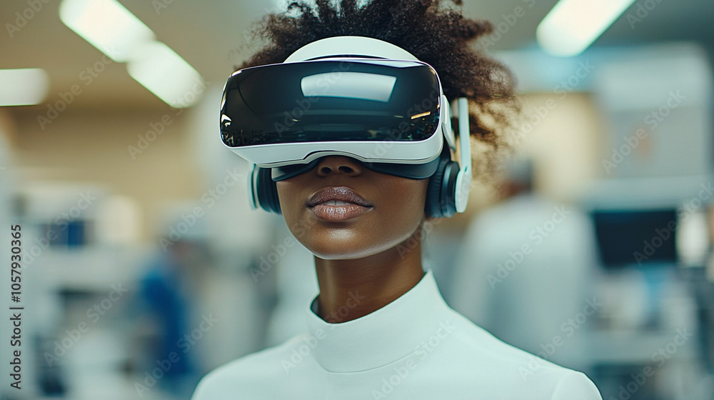 healthcare worker with a slim build, wearing a VR headset, embodies the fusion of technology and healthcare. This image symbolizes innovation, the future of medicine, and patient care advancements healthcare worker with a slim build, wearing a VR headset, embodies the fusion of technology and healthcare. This image symbolizes innovation, the future of medicine, and patient care advancements
