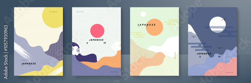 Set of Abstract Japanese Art Posters with Minimalist Design. A collection of four abstract Japanese art posters featuring minimalist design and pastel colors