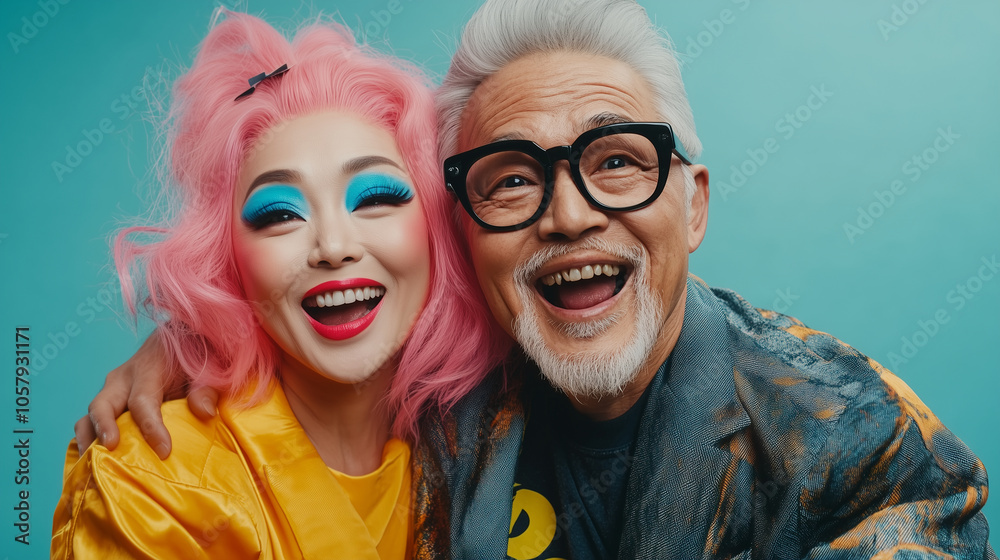 Cheerful Asian senior man in glasses and jacket with gray hair standing near pink haired woman with bright makeup against turquoise background looking at camera. Cheerful Asian senior man in glasses and jacket with gray hair standing near pink haired woman with bright makeup against turquoise background looking at camera.