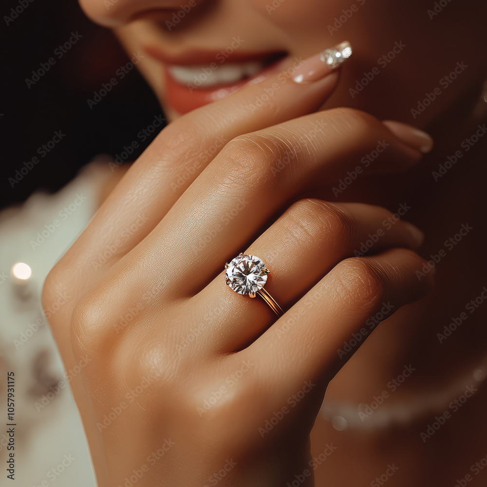 the bride 's hands with the big engagement sparkling diamonds on white platinum ring and beautiful manicure with sparkling tip design pink nails the bride 's hands with the big engagement sparkling diamonds on white platinum ring and beautiful manicure with sparkling tip design pink nails