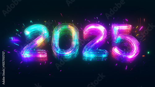 Create a vibrant 3D animation of the year '2025' glowing in neon colors on a sleek black background. The text should pulse with energy, showcasing a futuristic design with electric