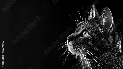 A black and white portrait of a cat looking away from the camera with a blurred background. photo