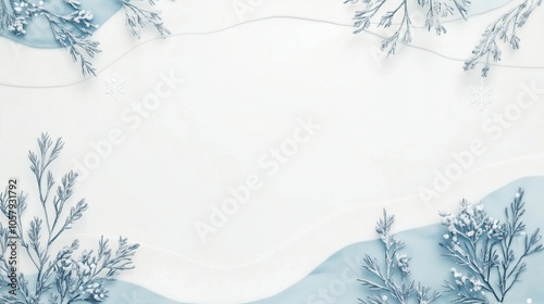 Illustration, hand drawn animation, light pastel background. Winter frozen patterns with a branches covered in frosty ice shot from above. Light background with copy space, empty space for text