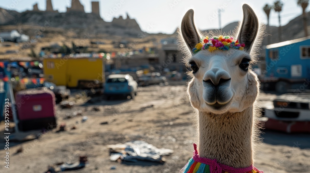 Fototapeta premium A spirited llama adorned in colorful festival attire stands proudly, with an intriguing background of a lively outdoor setting.