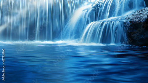 This is a beautiful image of a waterfall. The water is a crystal clear blue and it looks very refreshing.
