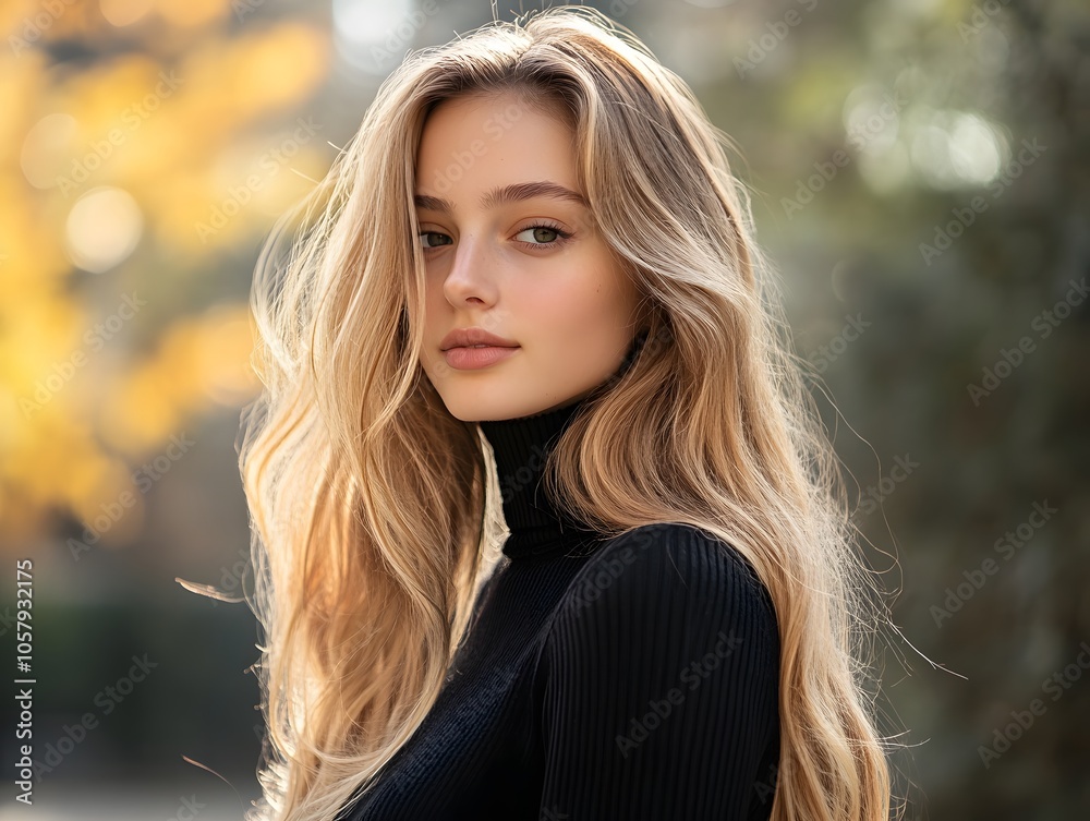 A woman with long blonde hair and a black top A woman with long blonde hair and a black top