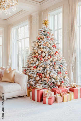 Beautifully decorated Christmas tree surrounded by colorful presents in a bright living room during the festive season