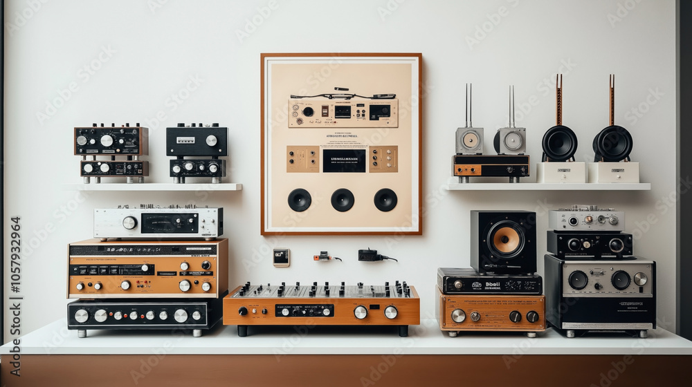 Fototapeta premium Collection of vintage audio equipment including receivers, amplifiers, turntables, and speakers on display shelves against a white wall with a framed poster.