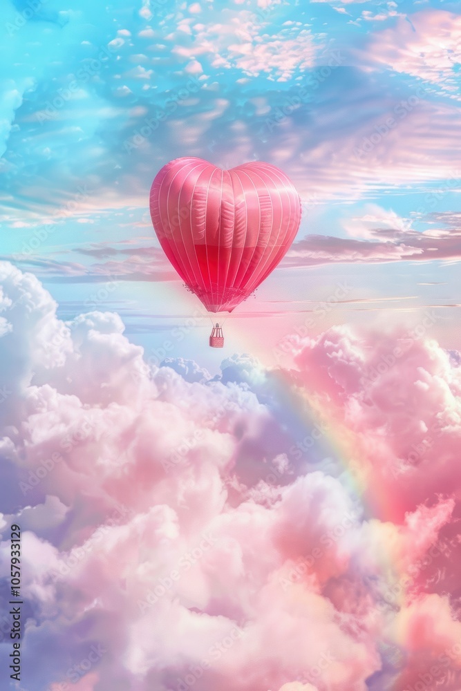 Fototapeta premium Whimsical Valentine's Hot Air Balloon in Dreamy Pastel Skies for Greeting Card Design