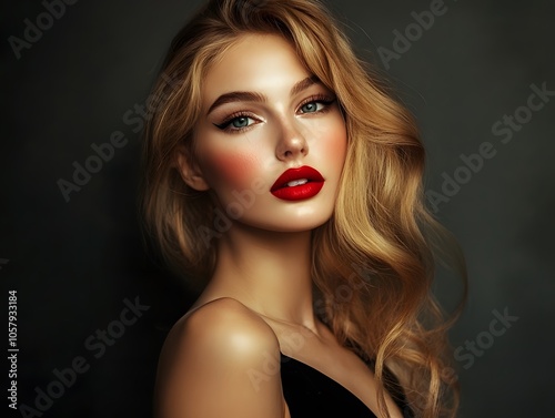 A woman with red lips and a blonde hair posing for the camera